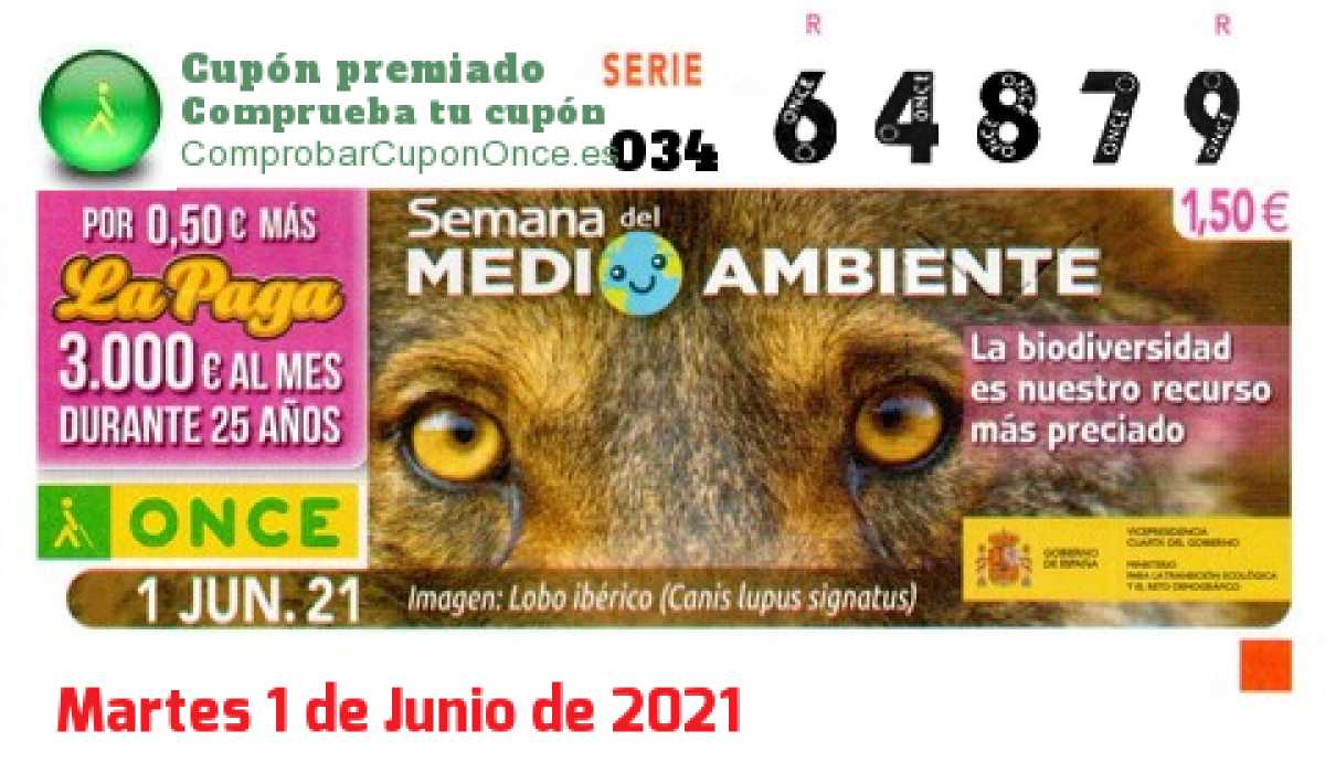 Cupón ONCE premiado el Martes 1/6/2021