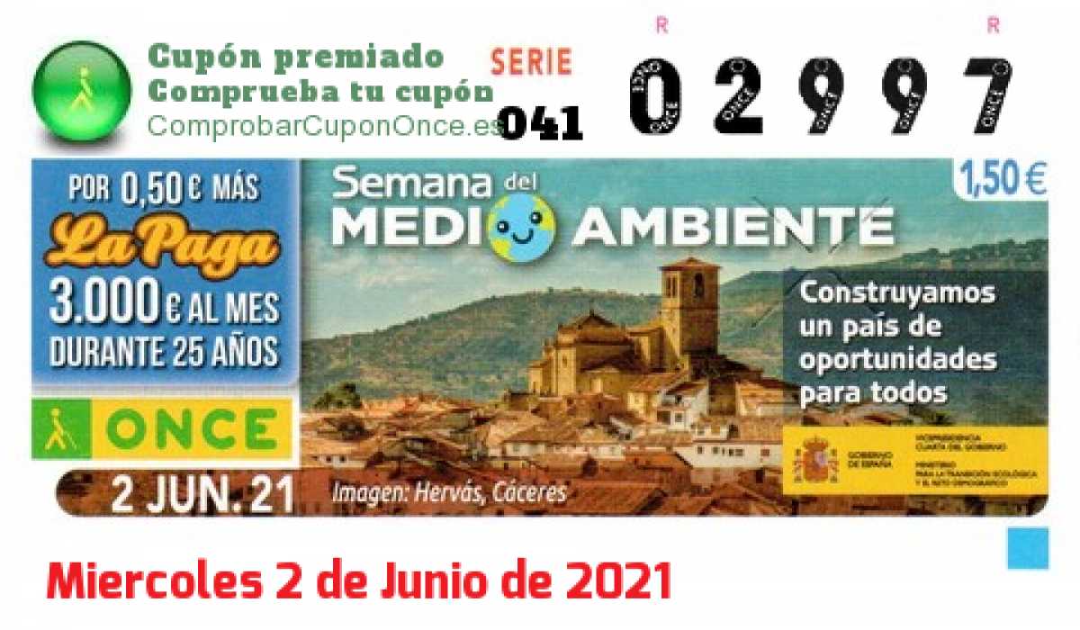 Cupón ONCE premiado el Miercoles 2/6/2021