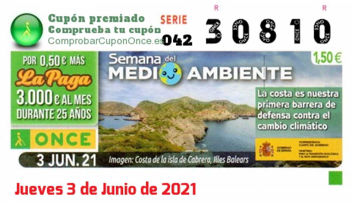 Cupón ONCE premiado el Jueves 3/6/2021