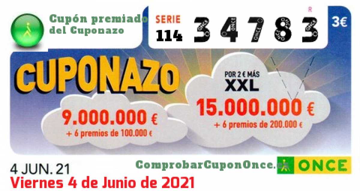 Cuponazo ONCE premiado el Viernes 4/6/2021