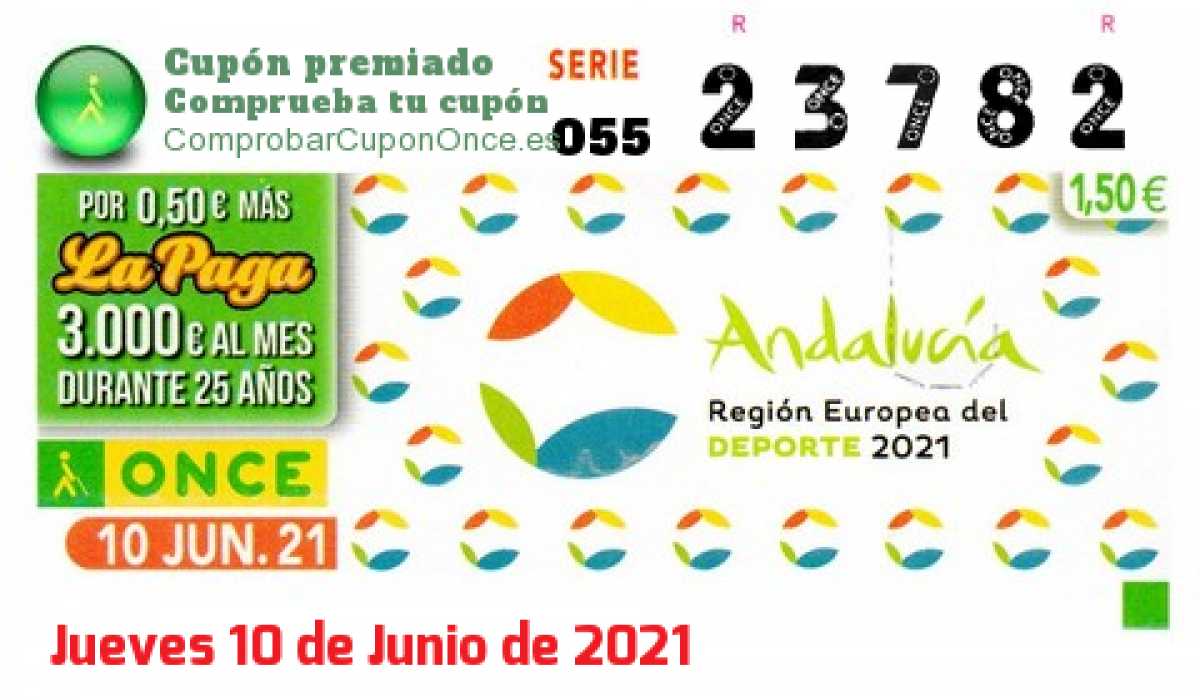 Cupón ONCE premiado el Jueves 10/6/2021