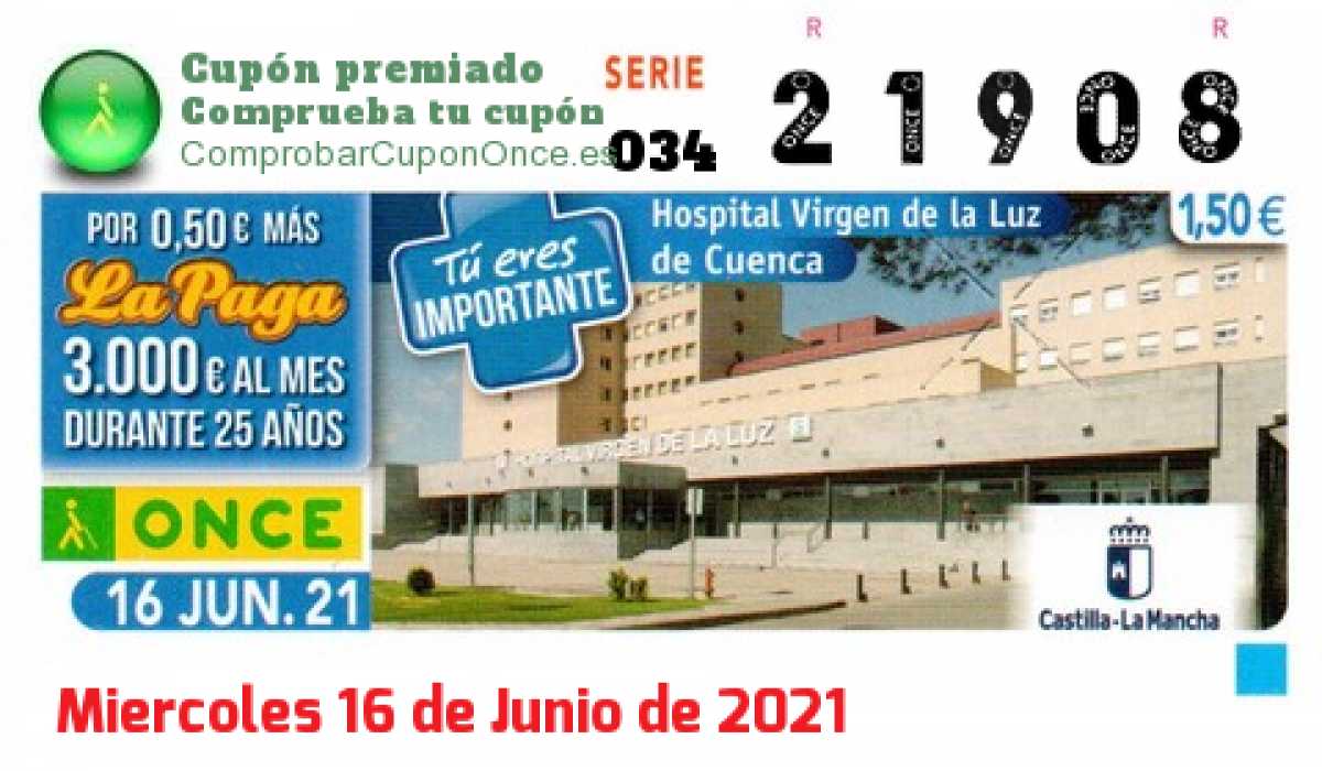 Cupón ONCE premiado el Miercoles 16/6/2021