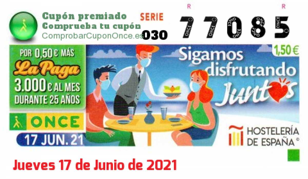 Cupón ONCE premiado el Jueves 17/6/2021