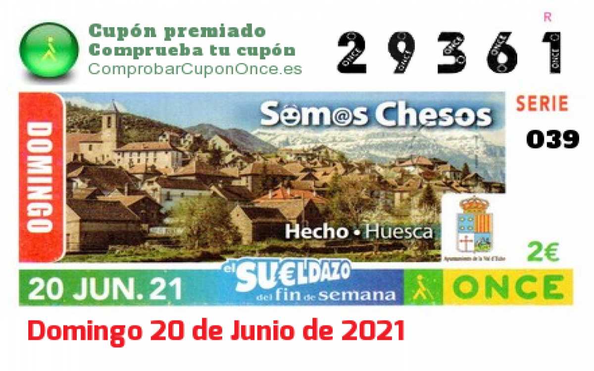 Sueldazo ONCE premiado el Domingo 20/6/2021