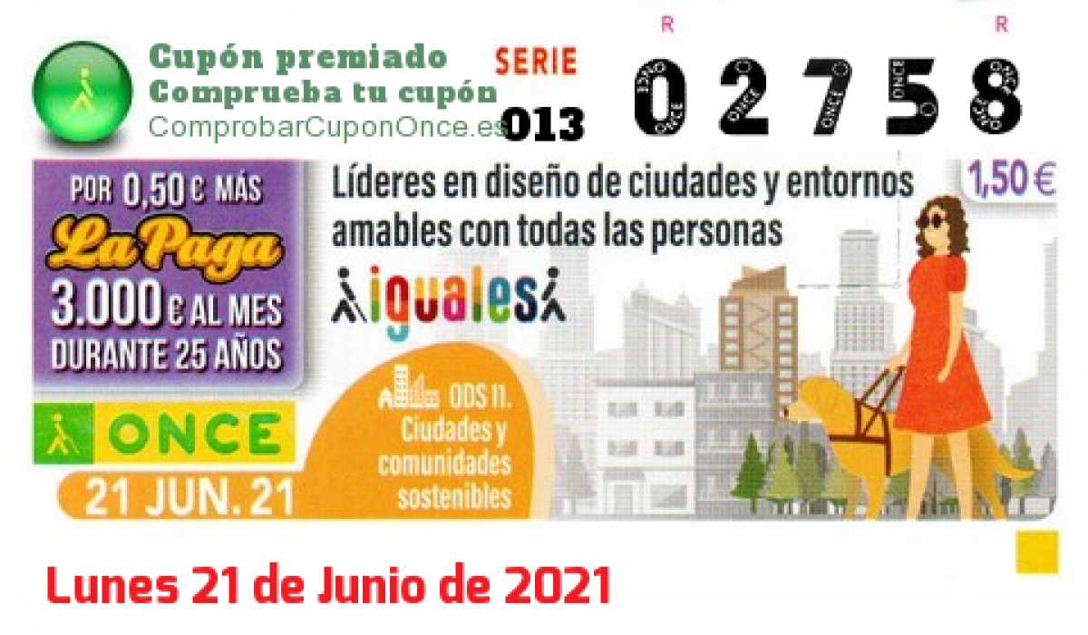 Cupón ONCE premiado el Lunes 21/6/2021