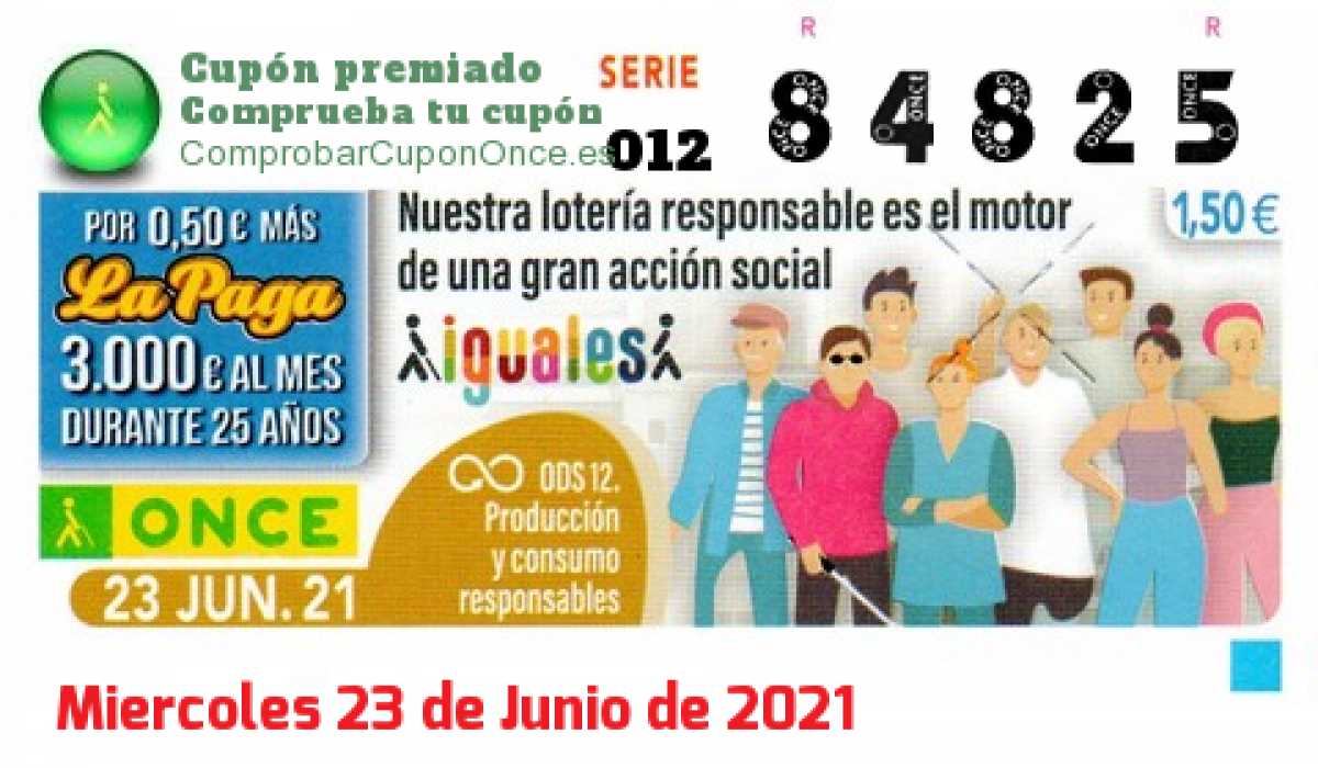 Cupón ONCE premiado el Miercoles 23/6/2021