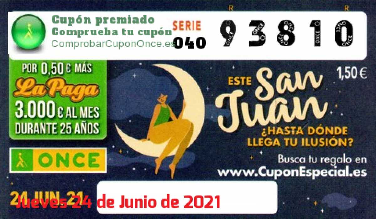 Cupón ONCE premiado el Jueves 24/6/2021