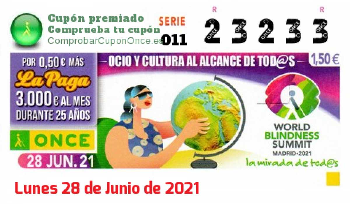 Cupón ONCE premiado el Lunes 28/6/2021