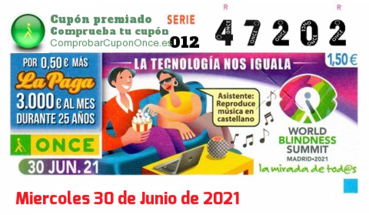 Cupón ONCE premiado el Miercoles 30/6/2021