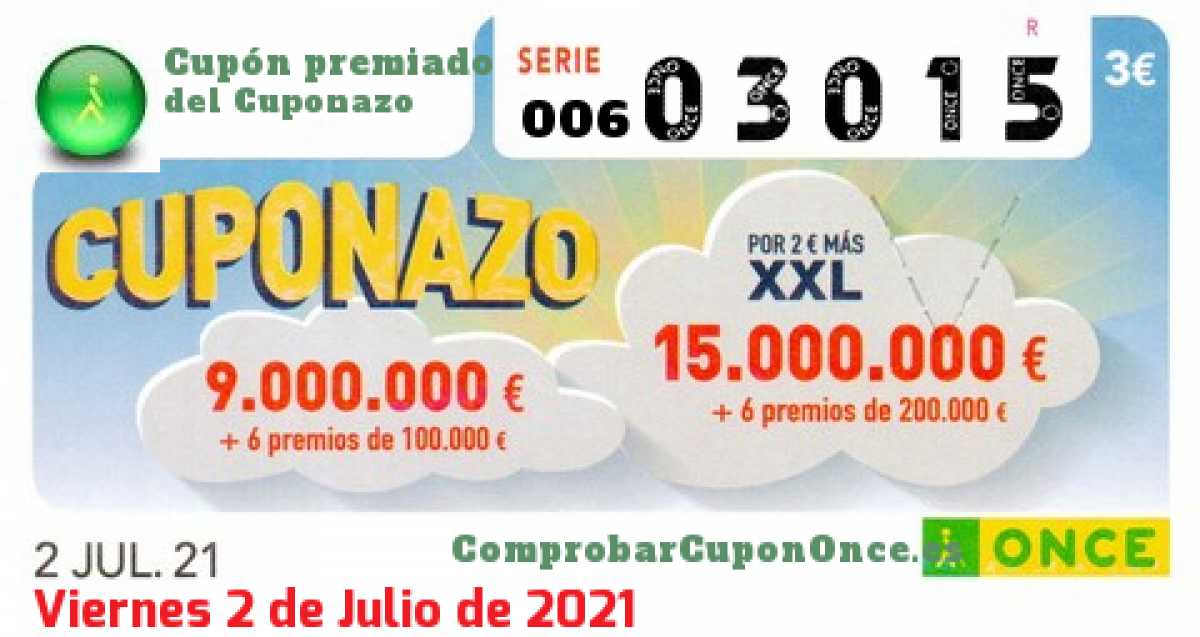 Cuponazo ONCE premiado el Viernes 2/7/2021