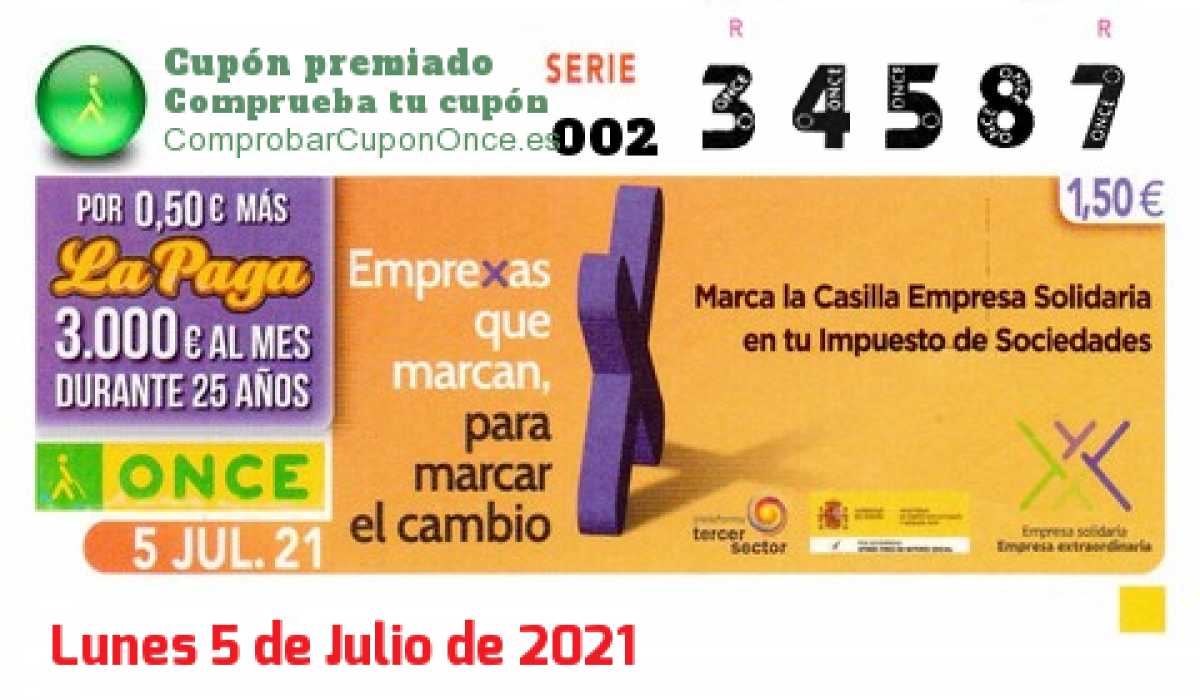 Cupón ONCE premiado el Lunes 5/7/2021