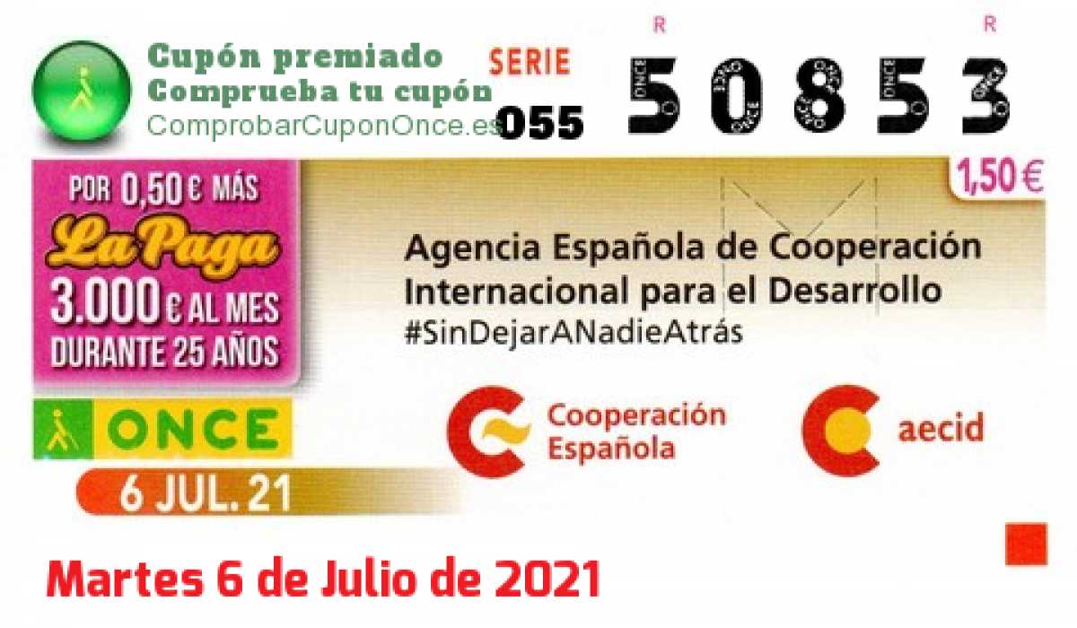 Cupón ONCE premiado el Martes 6/7/2021