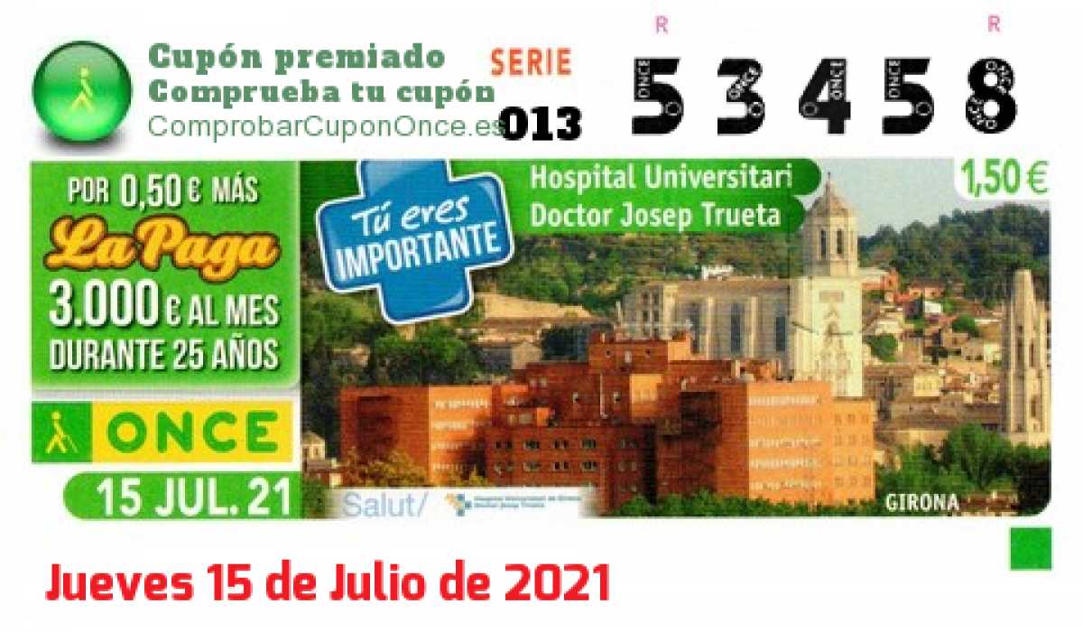 Cupón ONCE premiado el Jueves 15/7/2021