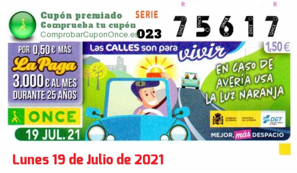 Cupón ONCE premiado el Lunes 19/7/2021