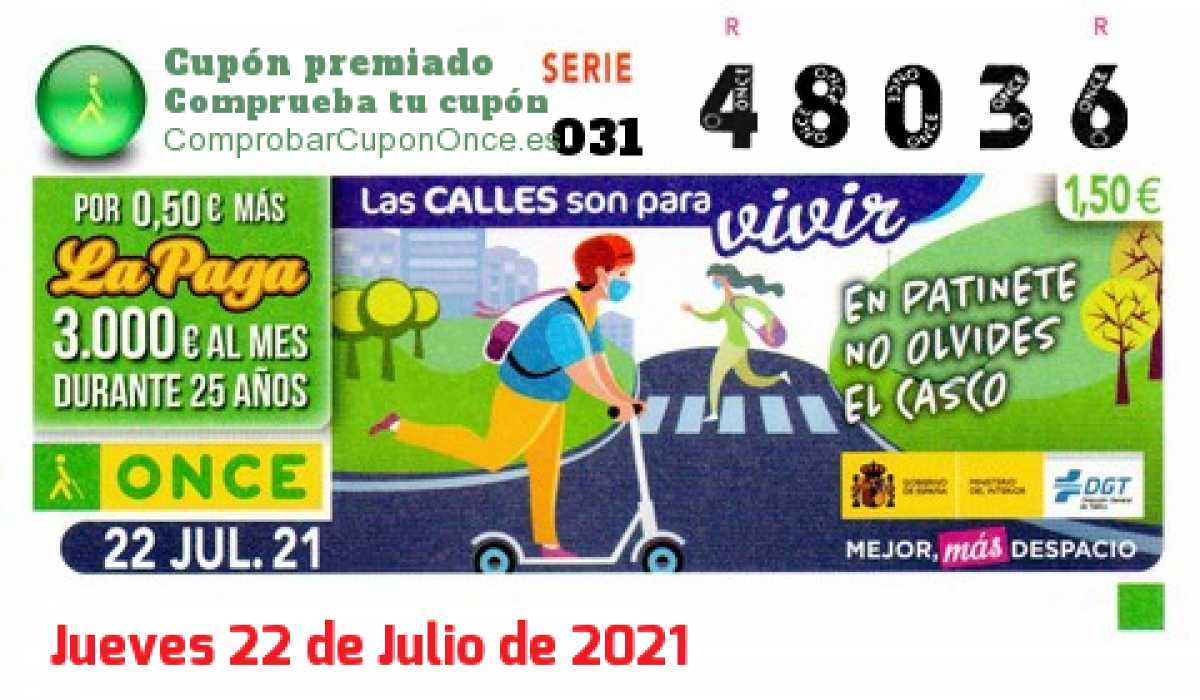 Cupón ONCE premiado el Jueves 22/7/2021