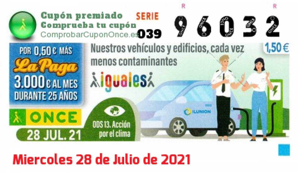 Cupón ONCE premiado el Miercoles 28/7/2021