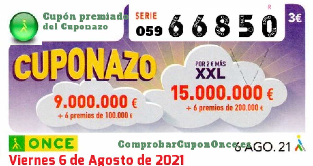 Cuponazo ONCE premiado el Viernes 6/8/2021