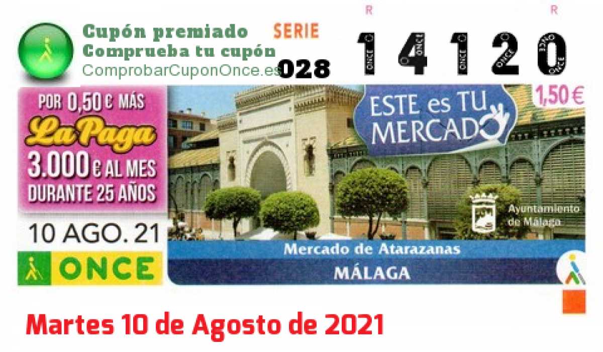 Cupón ONCE premiado el Martes 10/8/2021