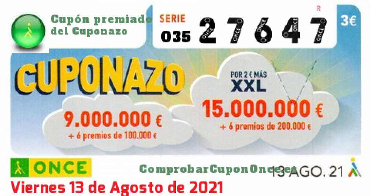 Cuponazo ONCE premiado el Viernes 13/8/2021