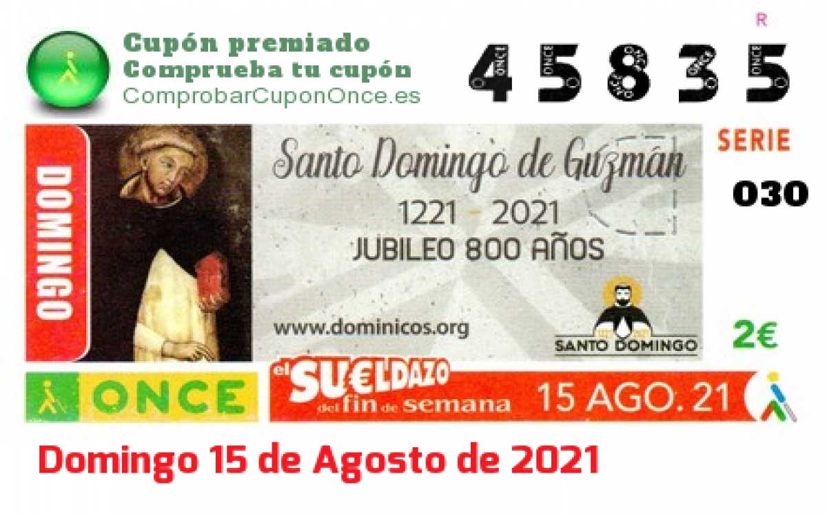 Sueldazo ONCE premiado el Domingo 15/8/2021