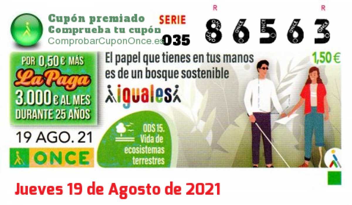 Cupón ONCE premiado el Jueves 19/8/2021