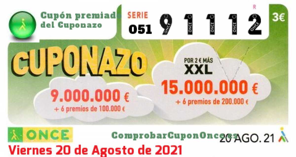 Cuponazo ONCE premiado el Viernes 20/8/2021