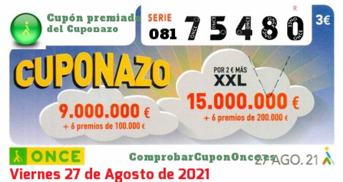 Cuponazo ONCE premiado el Viernes 27/8/2021