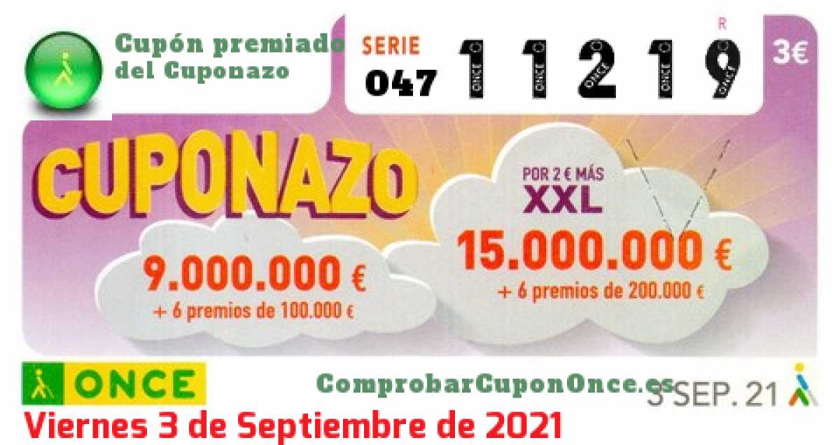 Cuponazo ONCE premiado el Viernes 3/9/2021