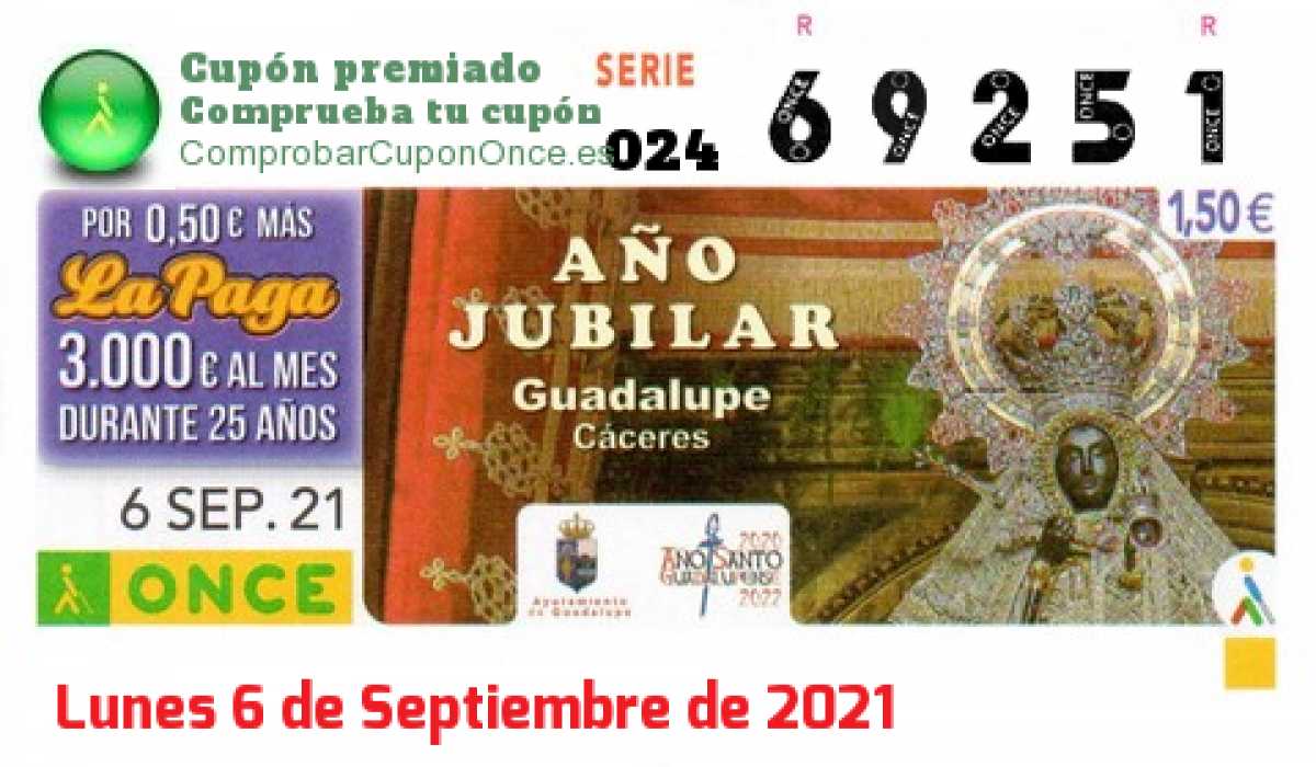 Cupón ONCE premiado el Lunes 6/9/2021