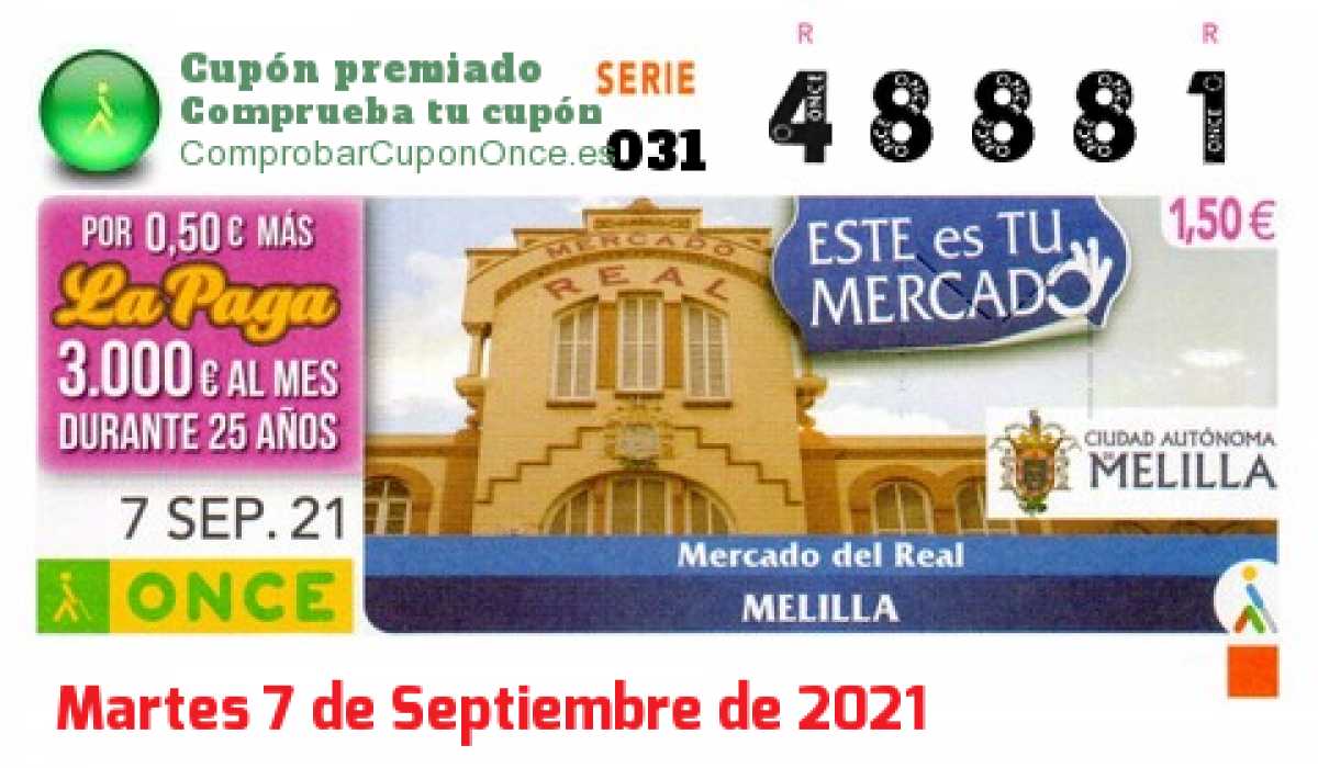 Cupón ONCE premiado el Martes 7/9/2021