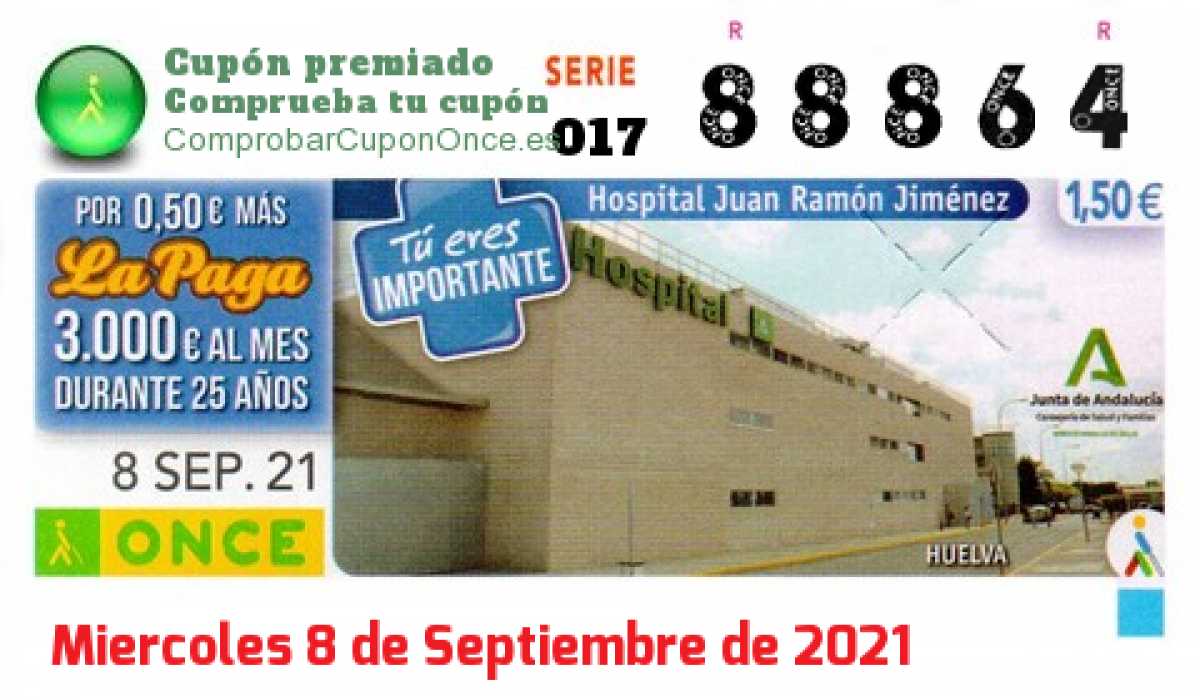 Cupón ONCE premiado el Miercoles 8/9/2021