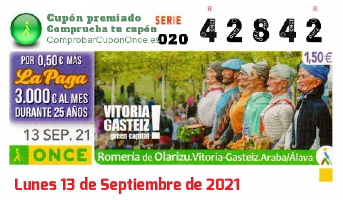 Cupón ONCE premiado el Lunes 13/9/2021