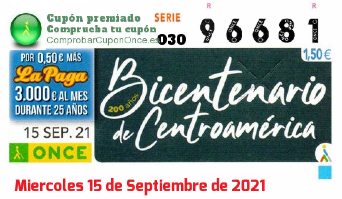 Cupón ONCE premiado el Miercoles 15/9/2021