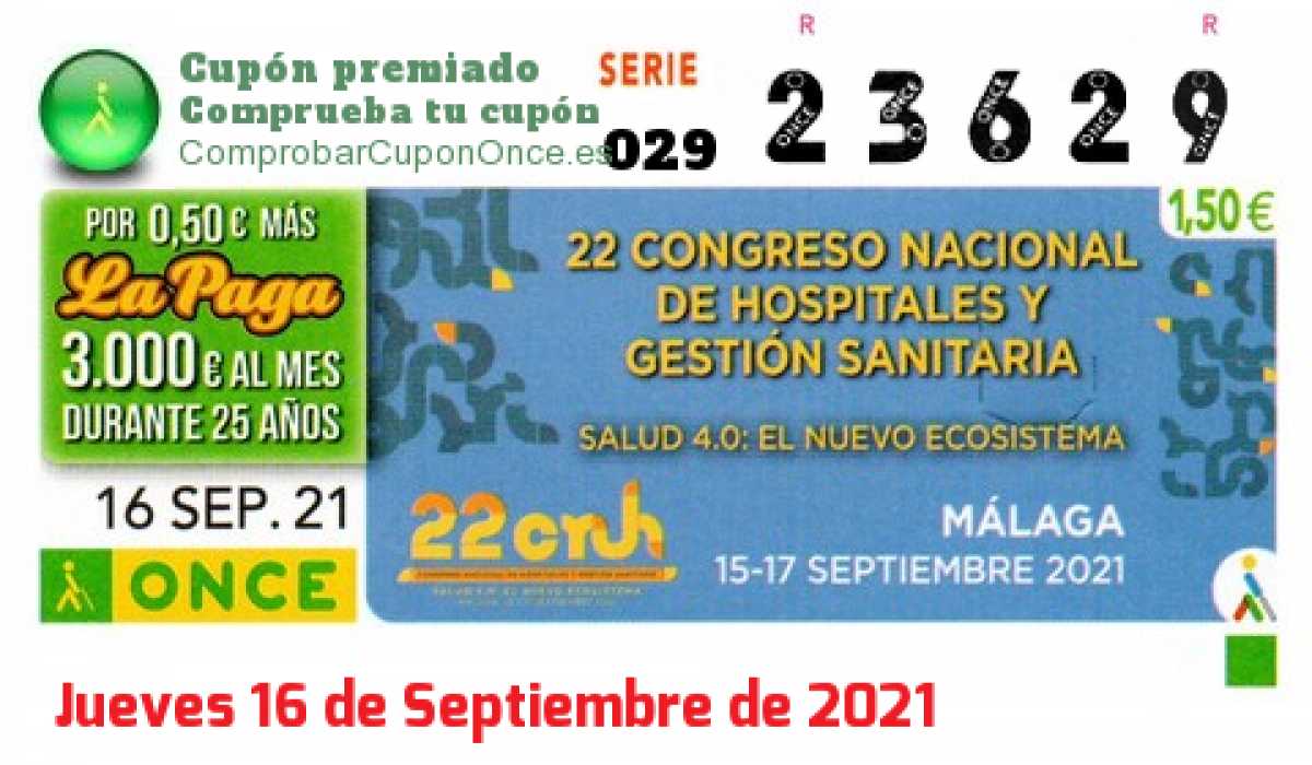 Cupón ONCE premiado el Jueves 16/9/2021