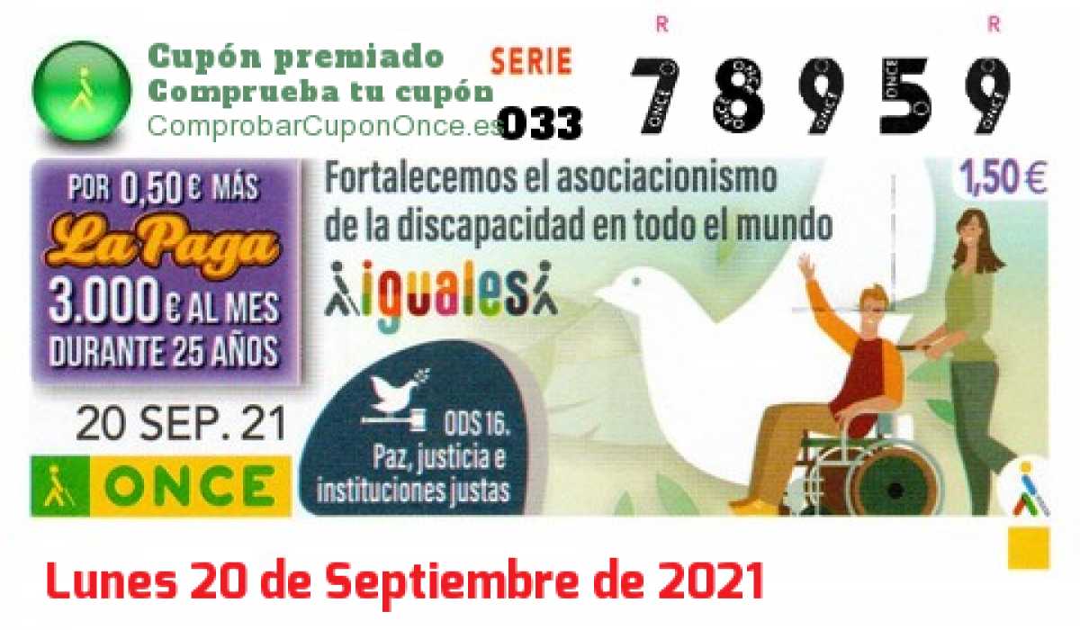 Cupón ONCE premiado el Lunes 20/9/2021
