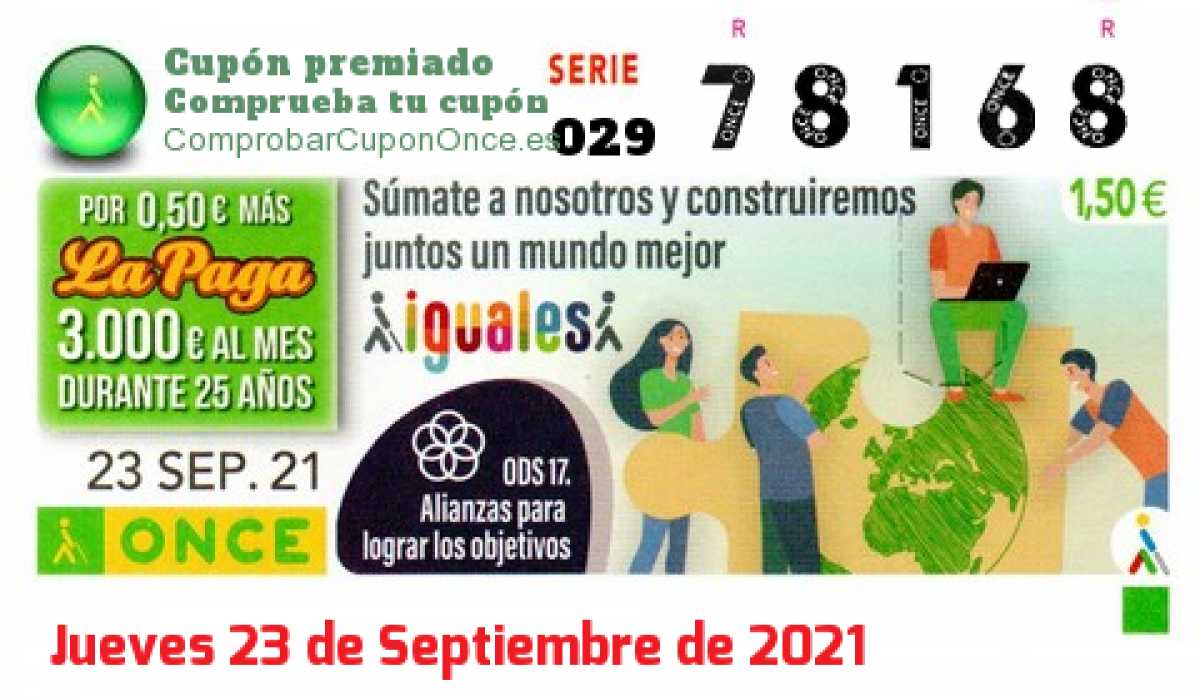 Cupón ONCE premiado el Jueves 23/9/2021