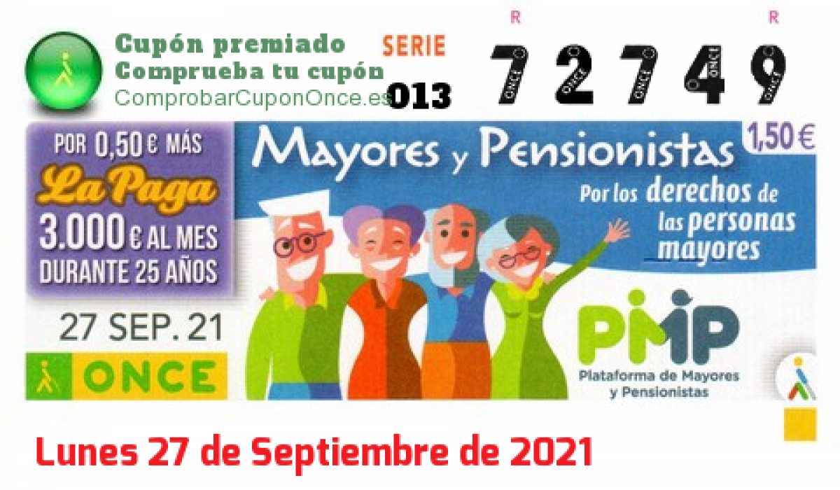 Cupón ONCE premiado el Lunes 27/9/2021