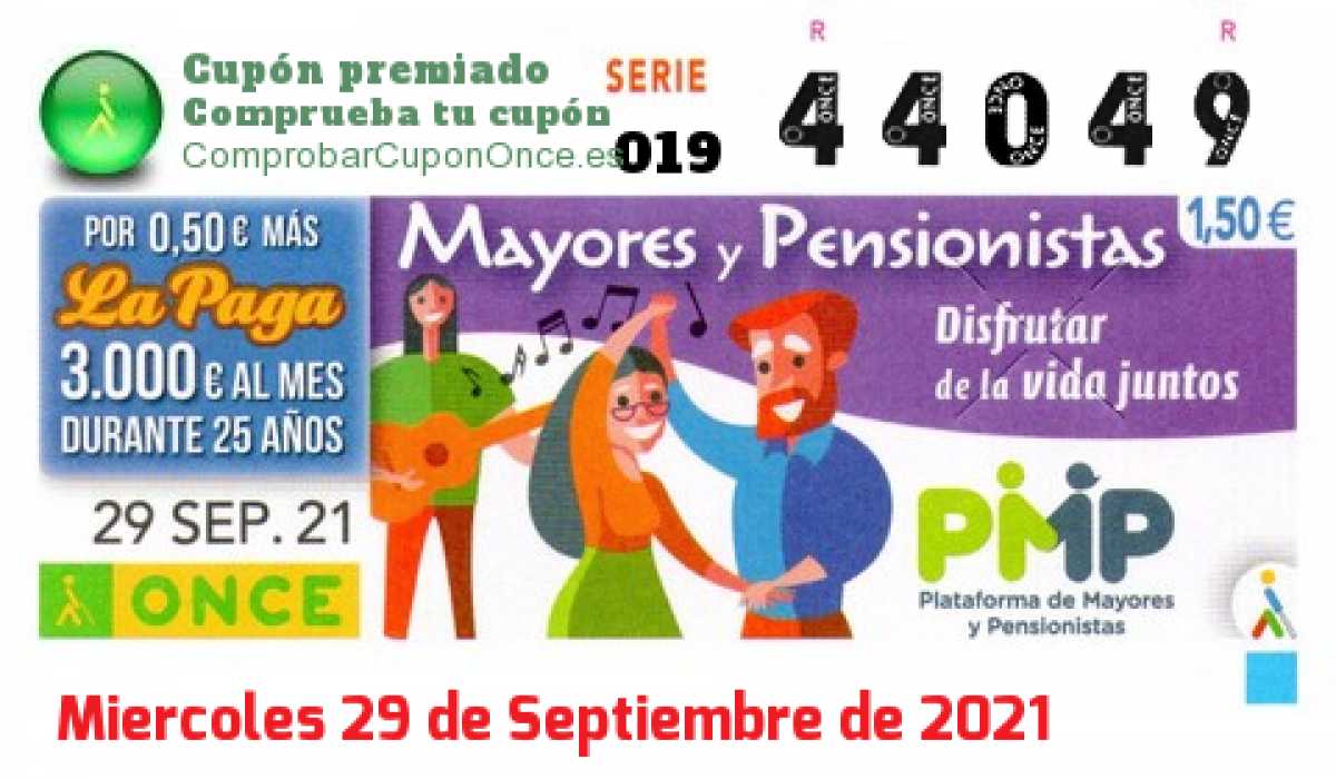 Cupón ONCE premiado el Miercoles 29/9/2021