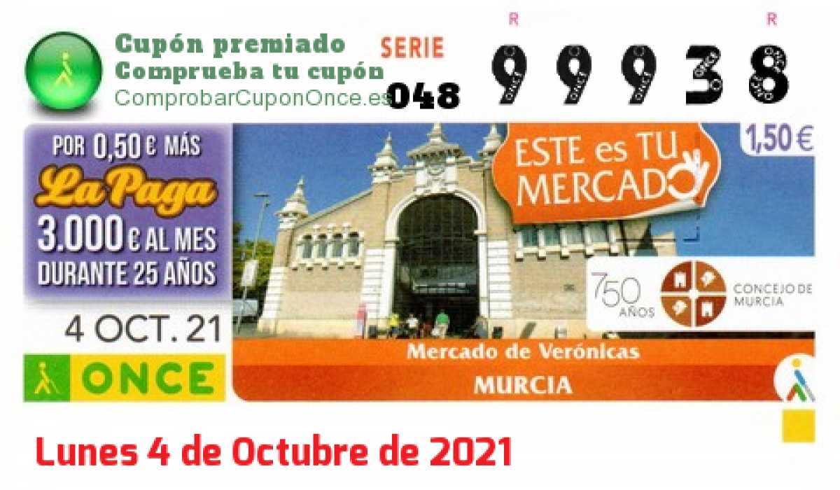 Cupón ONCE premiado el Lunes 4/10/2021