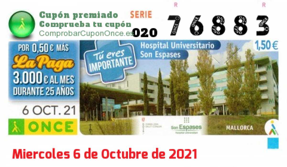 Cupón ONCE premiado el Miercoles 6/10/2021