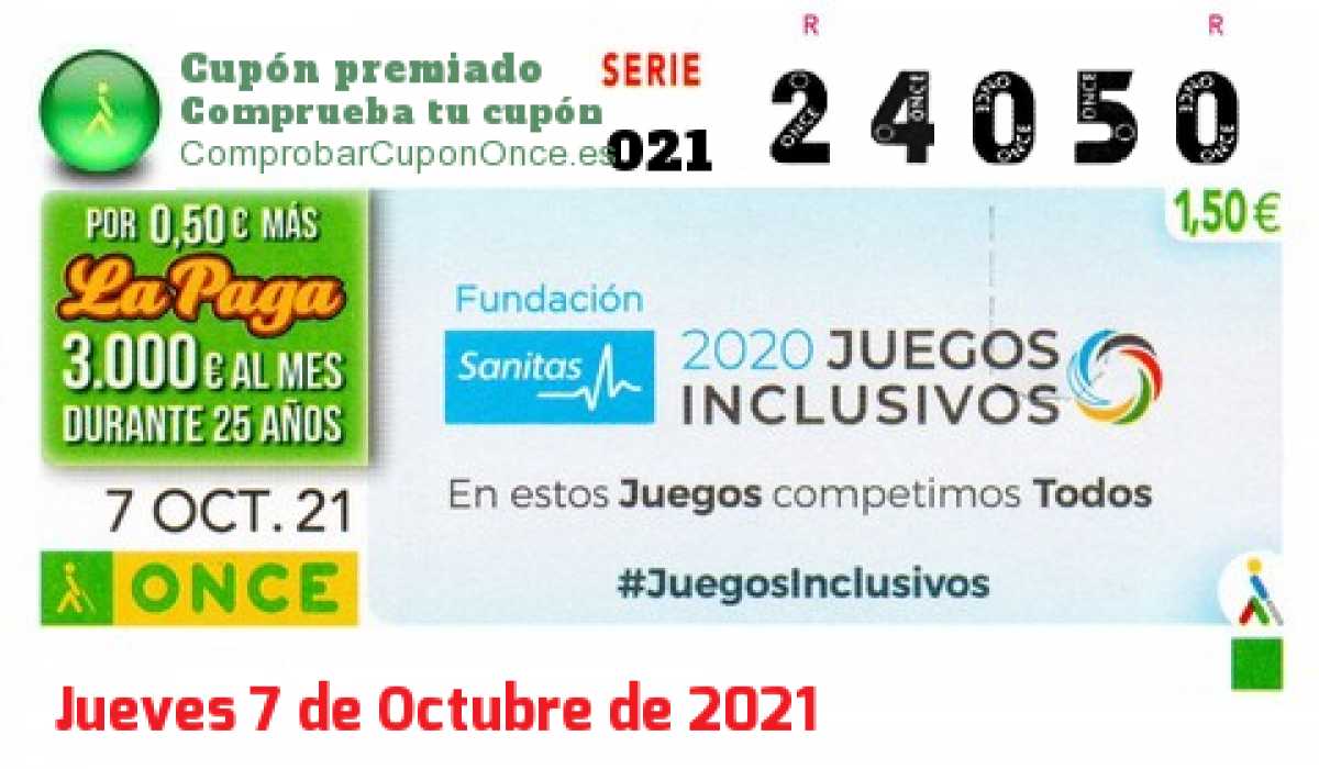 Cupón ONCE premiado el Jueves 7/10/2021