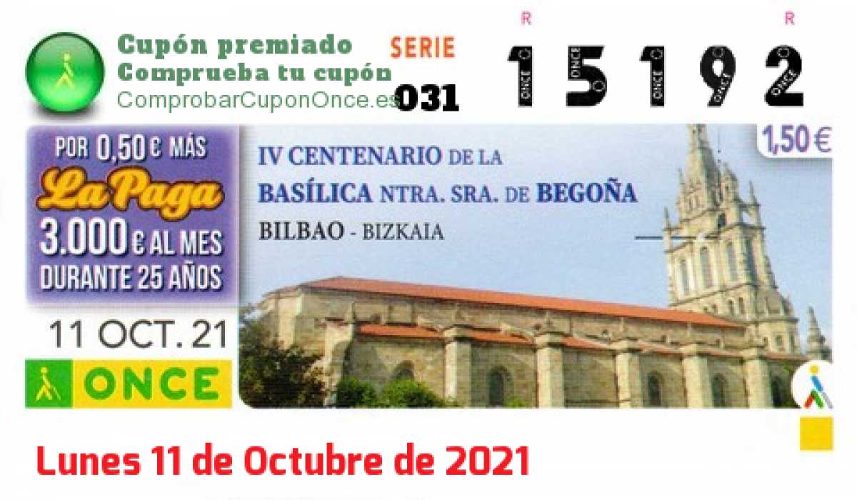 Cupón ONCE premiado el Lunes 11/10/2021