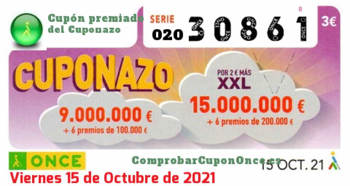 Cuponazo ONCE premiado el Viernes 15/10/2021