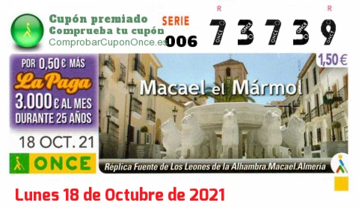 Cupón ONCE premiado el Lunes 18/10/2021