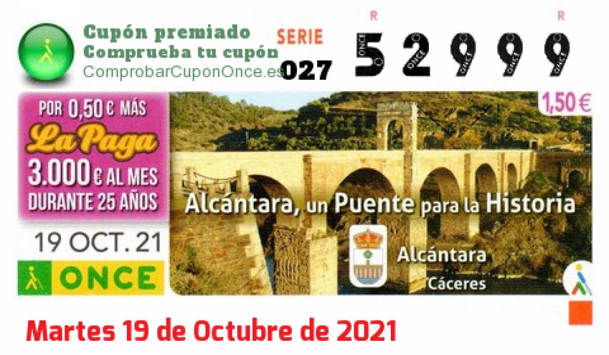 Cupón ONCE premiado el Martes 19/10/2021