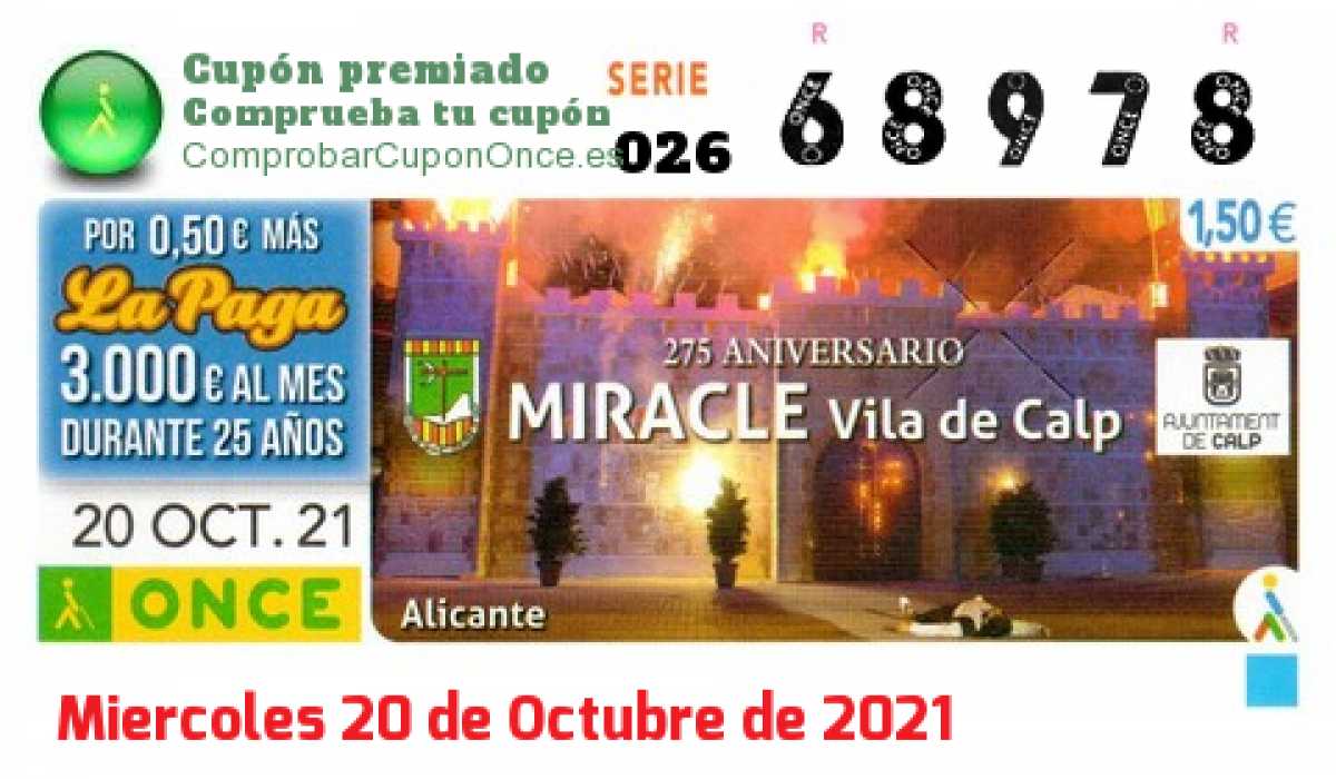 Cupón ONCE premiado el Miercoles 20/10/2021