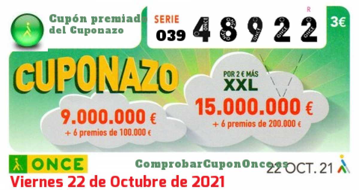 Cuponazo ONCE premiado el Viernes 22/10/2021