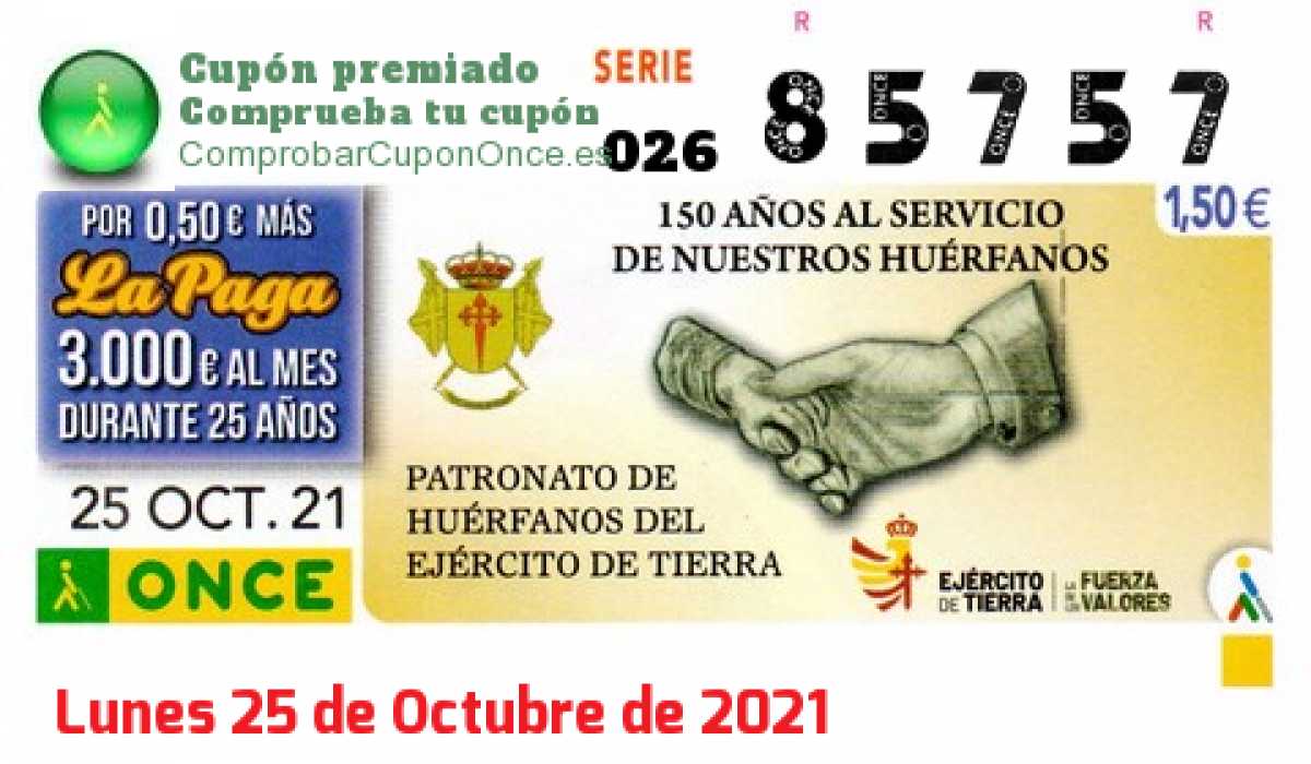Cupón ONCE premiado el Lunes 25/10/2021