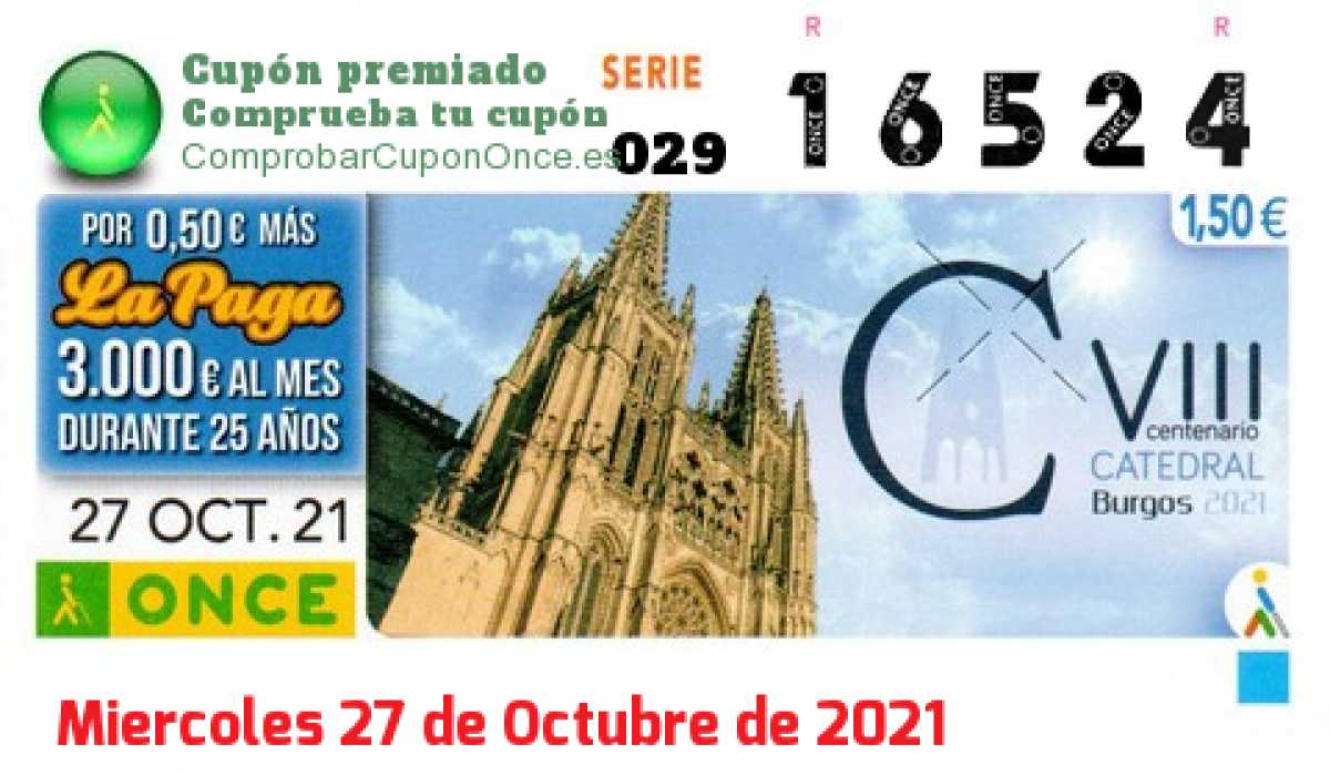 Cupón ONCE premiado el Miercoles 27/10/2021