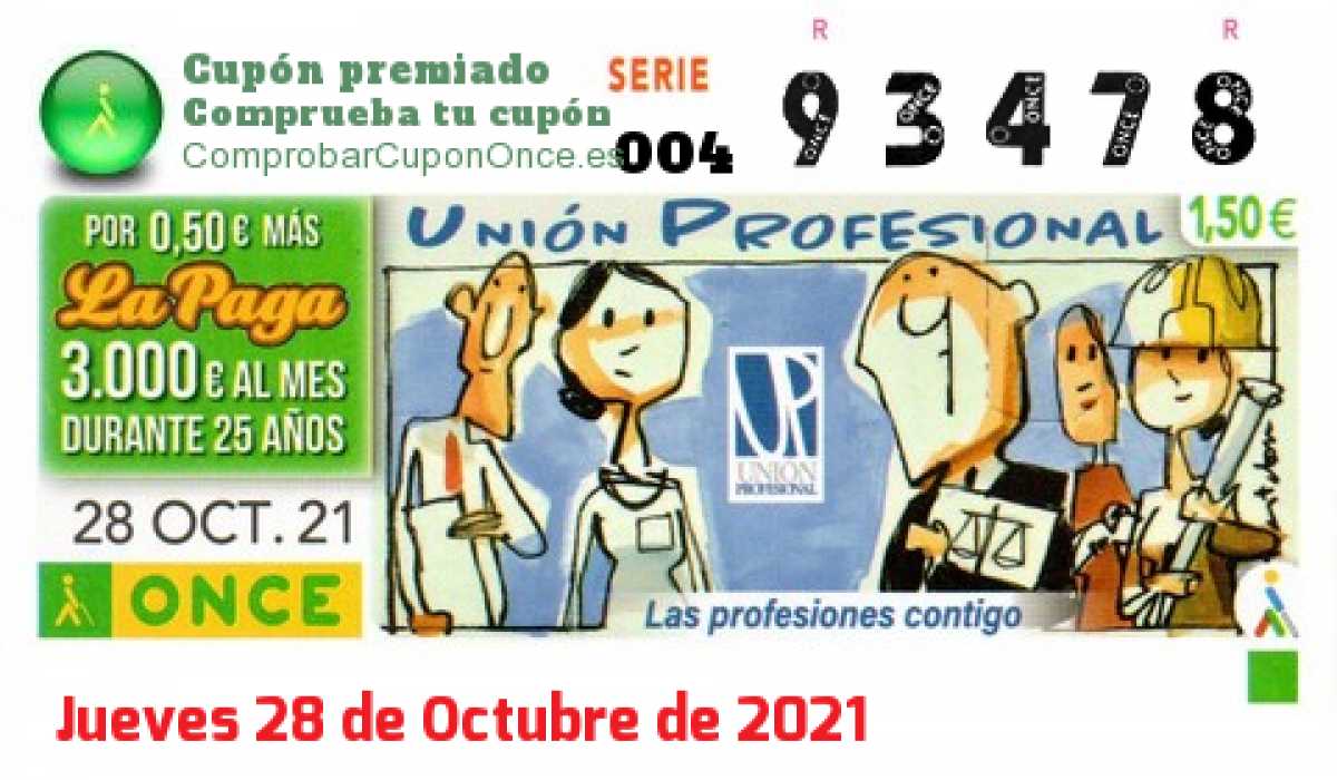 Cupón ONCE premiado el Jueves 28/10/2021